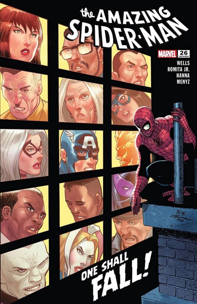 Cover of Amazing Spider-Man #26 by artist John Romita Jr. depicting Spider-Man and supporting characters