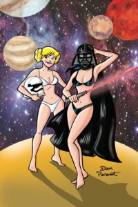 Graphic of Betty and Veronica in space wearing bikinis, Betty is holding a storm trooper helmet and Veronica is wearing a Darth Vader helmet, a black cape, and is holding a red light saber