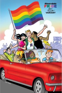 Graphic of Archie characters driving through a Pride parade with a rainbow flag held high