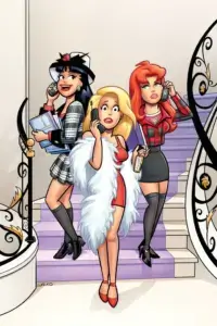 Graphic of three women standing on an elegant staircase while each holds a phone to their ears