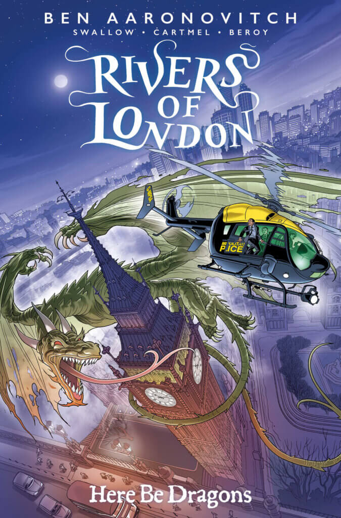 A green dragon attacks Big Ben as a helicopter attempts to chase it