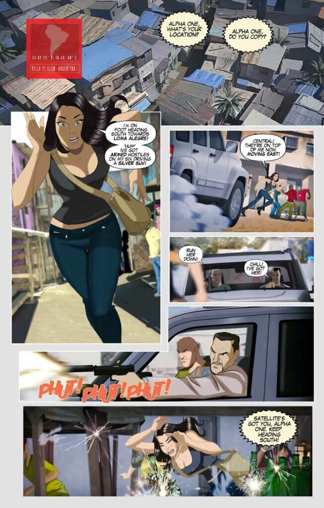 A woman with dark hair is on a chase through an unnamed South American city with a car firing a gun after her