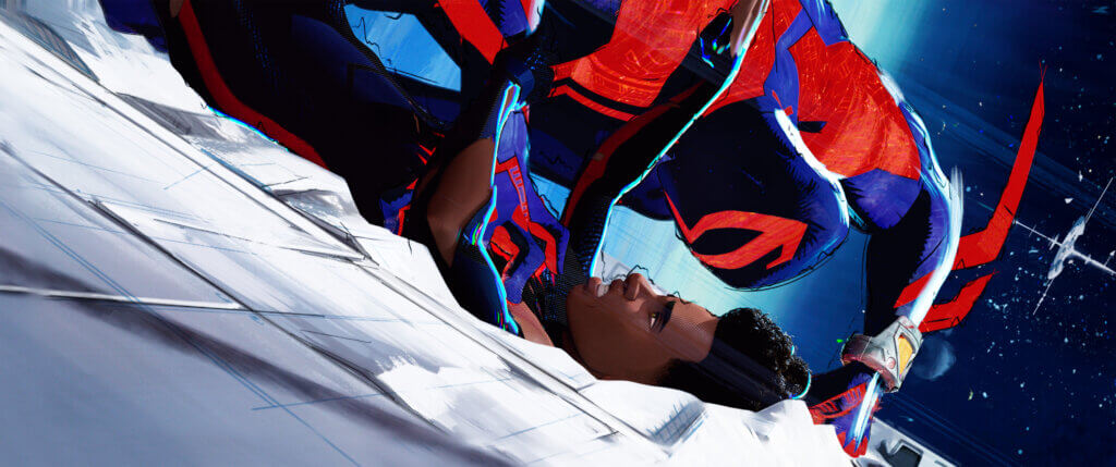Spider-Man 2099 (Oscar Isaac) and Miles Morales (Shameik Moore) in Spider-Man: Across the Spider-Verse. Image courtesy Columbia Pictures and Sony Pictures Animations
