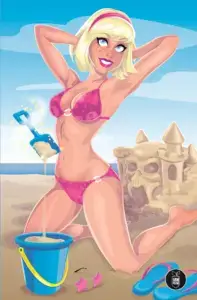 Graphic depicting Sabrina wearing a pink bikini in front of an ominous sand castle