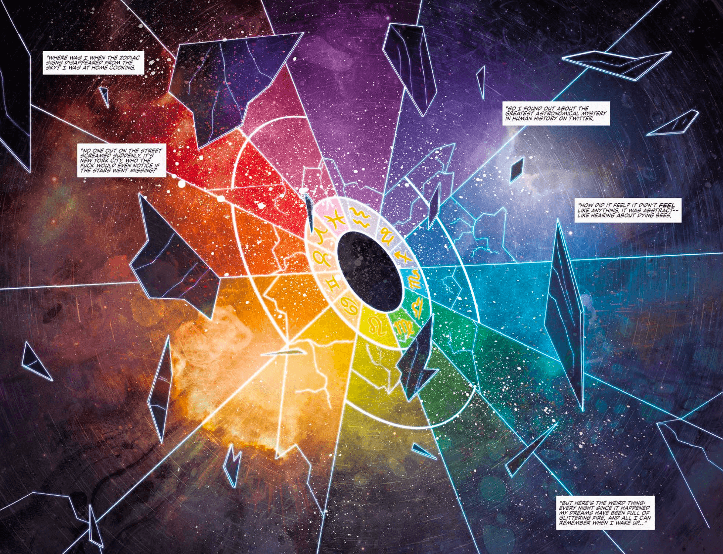 Two page spread in Starsigns #1 by writer Saladin Ahmed and artist Megan Levens depicting a rainbow zodiac wheel shattering across space
