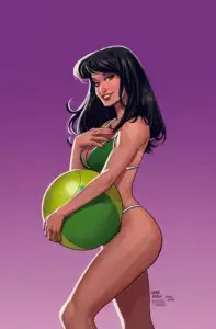 Graphic of a woman with long black hair wearing a green bikini and holding a green ball