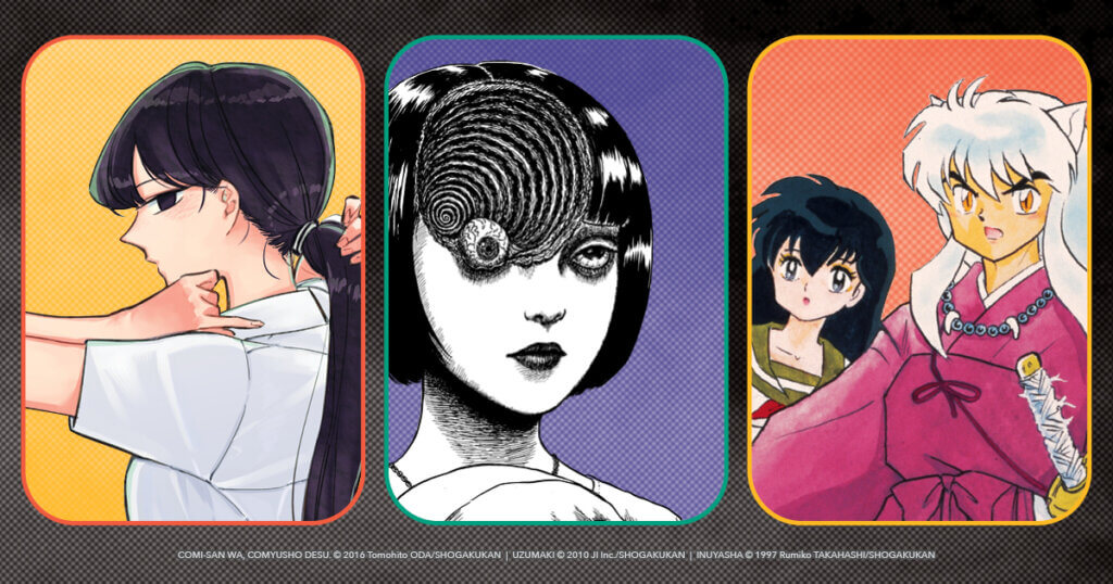 Komi from Komi Can't Communicate, The girl from Uzumaki by Junji Ito, and Rumiko Takahashi, each in a rounded rectangle on different solid colored backgrounds.