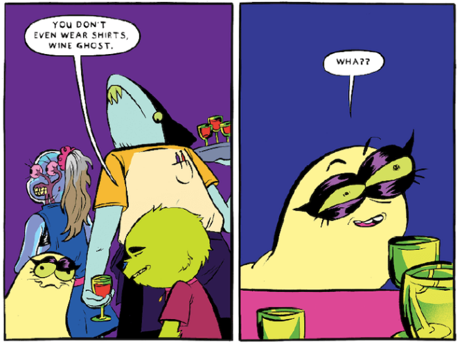 Two panels from Wine Ghost Goes to Hell, featuring a character with a shark head.