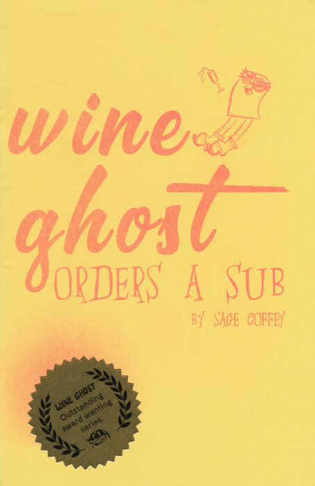 The yellow and orange-pink cover of Wine Ghost Gets a Sub, showing Wine Ghost floating by the title text.