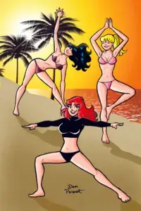 Graphic depicting Veronica, Betty, and Cheryl doing yoga on a beach