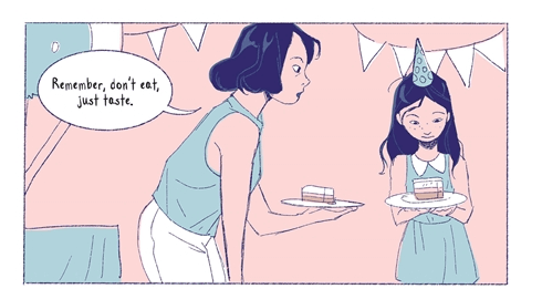 a panel from Hungry Ghost of Valerie as a kid being handed a piece of cake by her mom and being told "remember, don't eat, just taste."