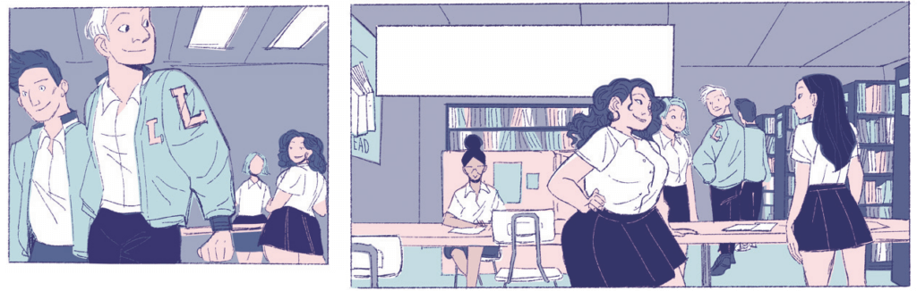 Two side by side panels from Hungry Ghost, the first to the left of Jordan making eyes with a football player from the player's perspective. The second to the right is a wide panel showing Jordan still making eyes at the football player, with Valerie too in her own head to see it.