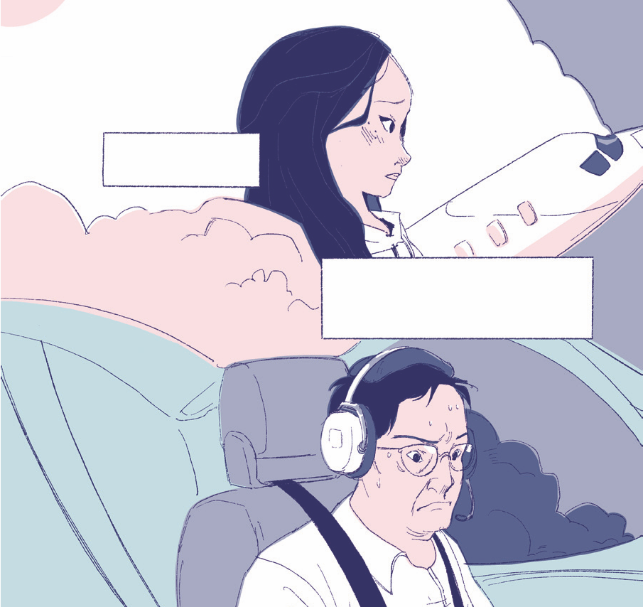 A cutoff of full page art with Valerie looking tearfully in a airplane home that's blended in the background with her father's plane underneath her. Two thought bubbles are visible on the page but are blank for the purposes of review.