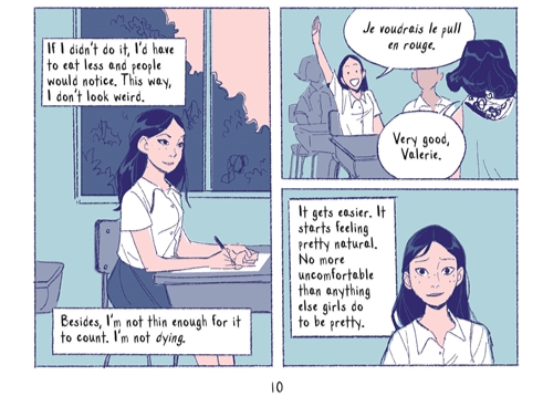 a cutoff page from Hungry Ghost where the main character Valerie is talking to herself internally about why, in her mind, it's ok for her to binge and purge to stay thin