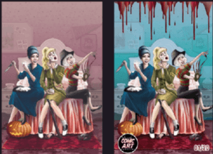 Two graphics side by side, each depicts Veronica, Betty, and Sabrina sitting on the end of a bed getting dressed in Halloween costumes