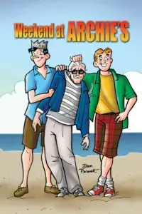 Graphic depicting Weekend at Archie's and Jughead, a man with white hair, and Archie
