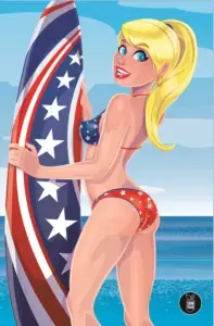 Blonde thin white teenager Betty cooper stands at the shoreline with a blue sky behind her. she smiles vivaciously at the viewer, her head slightly turned. She wears a red white and blue bikini and holds a surfboard decorated with an American flag design. Her blonde hair is held up by a blue hair tie.