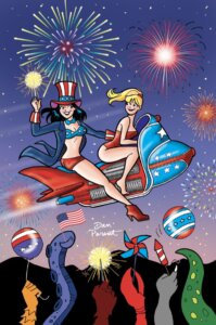 Thin white teenagers veronica lodge and betty cooper fly off on the back of a rocket ship decorated with american flag designs. Veronica wears a bikini with red bottoms and a blue top with white stars on it, her dark hair tucked into an american flag patterned top hat. She wears a blue surcoat and holds a sparkler in her right hand. betty wears a red swimsuit, her blonde hair is in a ponytail. Betty is seated before Veronica and is driving the vehicle. The beach below them is rife with multicolored tentacles holding up various beach-related implements like American flags, beach balls, and fireworks. Behind them the fading night sky is filled with bright, multicolored fireworks. Both girls smile.
