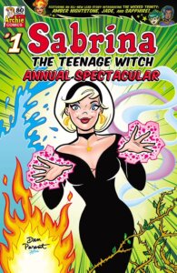 Sabrina Spellman, a white, white-haired thin blonde teenager, faces the reader. Her hair is in a short bob and she wears a black form-fitting dress and headband with a black headband and golden earrings and a black and golden choker. She smiles and a purple aura of magic emerges from her hands. Behind her, flashes of elemental magic occurs, with waves, fire, and growing plants. ,The rest of the background is green.