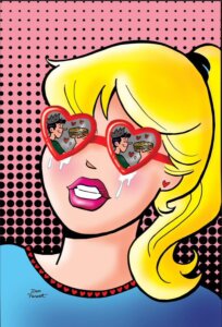 Blonde thin white teenager Betty Cooper watches Jughead Jones take a bite of a burger and cries. Jughead's reflection reflects in the lenses of her heart-shaped sunglasses, and tears trickle down from below the frame. Betty's hair is done up in a black ponytail and she wears a blue teeshirt. Behin her is a pattern of pink and black checks. She wears tiny ted heart-shaped earrings.