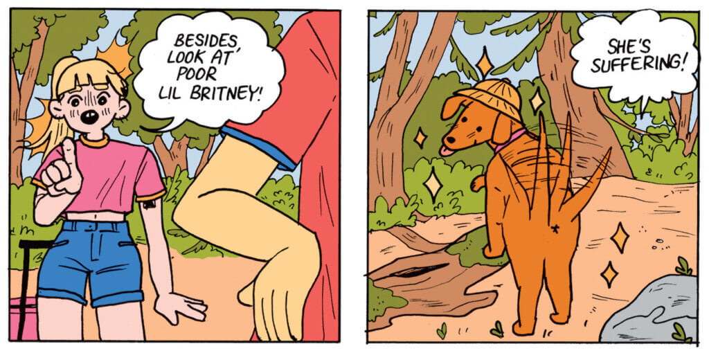 The bottom two panels of girl juice page 39. The left panel shows the girls outdoors, with Bunny speaking to Sadie slightly out frame, pointing and saying "Besides, look at poor Britney!" The right panel has Bunny's out of panel dialogue saying, "She's suffering!" Britney is standing on a log with sparkles around her and rapidly wagging her tail, presumably having the time of her life.