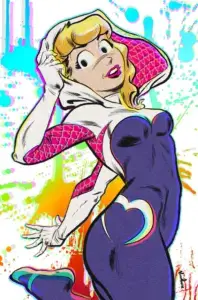 Blonde white teenager Betty Cooper is dressed in the purple and pink outfit of Gwen Stacy's Spider-Gwen. Behind her is a multicolored paint spatter backdrop.
