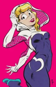 Blonde thin white teenager Betty Cooper is dressed in the purple and pink outfit of Gwen Stacy's Spider-Gwen. Behind her is a fusicha backdrop.