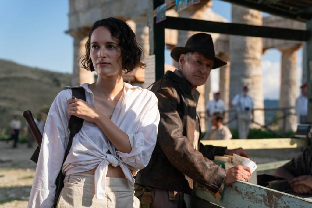 Phoebe Waller-Bridge as Helena Shaw and Harrison Ford as Indiana Jones in Indiana Jones and the Dial of Destiny. Courtesy of Walt Disney