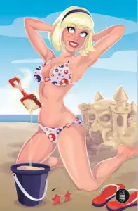Sabrina Spellman, a white, blonde haired thin teenager, kneels on a beach before a blue ocean. She wears a white bikini with blue and red spatter designs on it. In front of her, a red shovel pours sand into a blue bucket without the aid of human hands. Behind Sabrina sits a sandcastle. The shy above her is fair with thin white clouds.