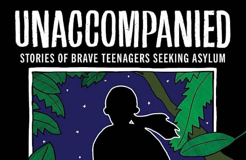 this detail from the cover of Unaccompanied by Tracy White shows the title and the head and shoulders of a running teen, silhouetted in the night
