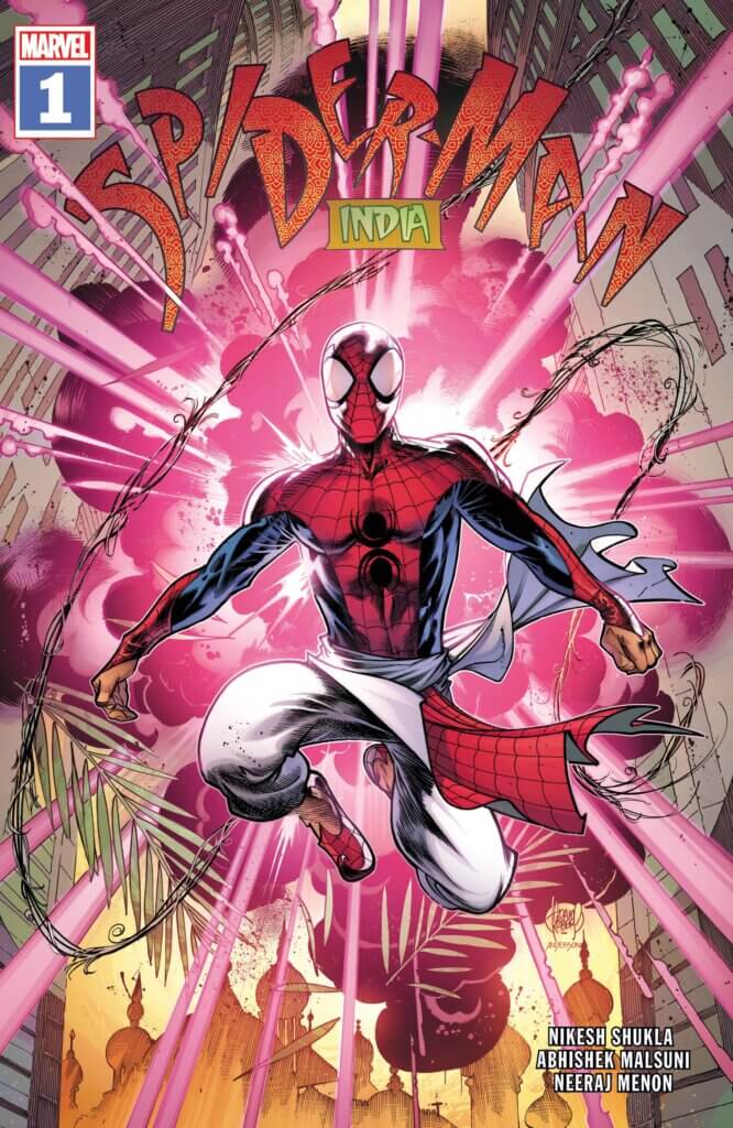 Spider-Man: India #1, written by Nikesh Shukla, drawn by Abhishek Malsuni and Scott Hanna. Published by Marvel Comics on June 14, 2023.