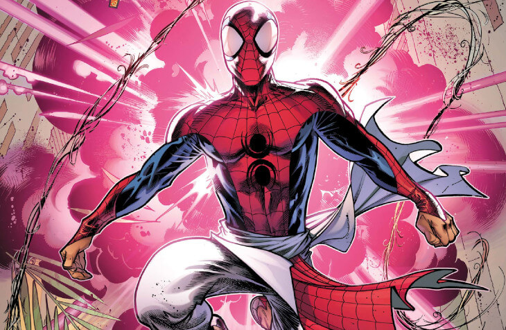 Spider-Man: India #1, written by Nikesh Shukla, drawn by Abhishek Malsuni and Scott Hanna. Published by Marvel Comics on June 14, 2023.