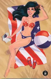 Thin white brunette teenager veronica Lodge lounges on a beach. she wears a red, white and blue bikini and lies on a flag which is the same color as the american flag. Red sandals lie nearby, she holds a book in her hand and behind her sits a red, white and blue striped beach ball.