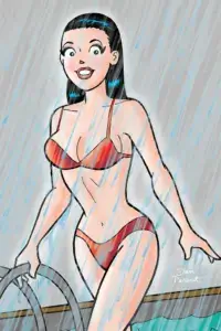 In a tribute to Phoebe Cates' pool scene in Fast Times at Ridgemont High, thin white brunette teenager veronica Lodge emerges from a swimming pool into a rain of blue behind a grey sky. She wears a red bikini and her dark hair is slicked back. She smiles at the observer.