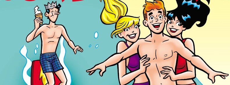 Art from the cover of Archie Jumbo Comics Digest #341 featuring Betty and Veronica canoodling with Archie on a surfboard while Jughead eats a vanilla soft serve cone.