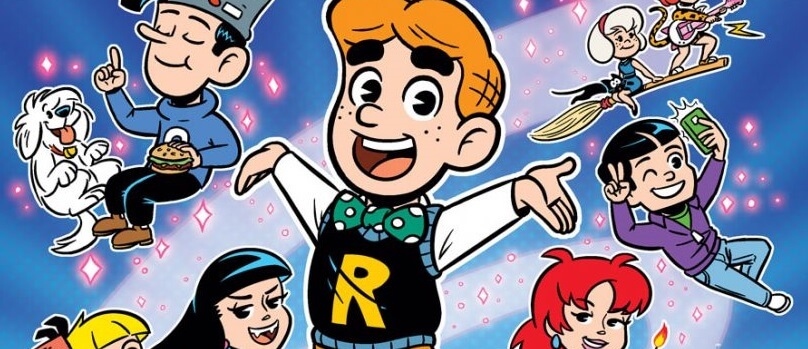 Archie Andrews, a white, redheaded teenager with thick black eyebrows, poses with his arms spread wide open and a big smile on his face. He wears a black sweater vest with a large yellow Rin the center of it, a blue and white polka-dot bowtie, a white shirt and yellow and black checked slacks. He's drawn chibi style, as arehis friends - white redheaded teenager cheryl blossom, holding a lit match and wearing a blue sheath dress; Vampiric Veronica lodge in a purple outfit with a blue headband in her long black hair; Betty Cooper, a white blonde teenager with white, dark-haired jughead jones floating mid-air surrounded by floating fast food chicken nuggets, he wears a blue sweatshirt with a hamburger design and wears a grey fool's cap on his head, and black slacks. They stand upon a globe against a dark purple background