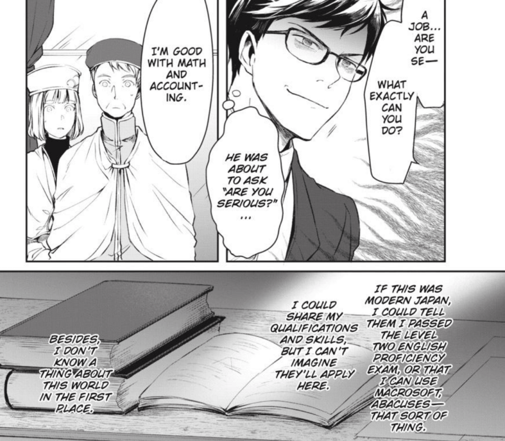 Kondou frantically trying to get an accounting job in the Romany kingdom, thinking about his qualifications in japan