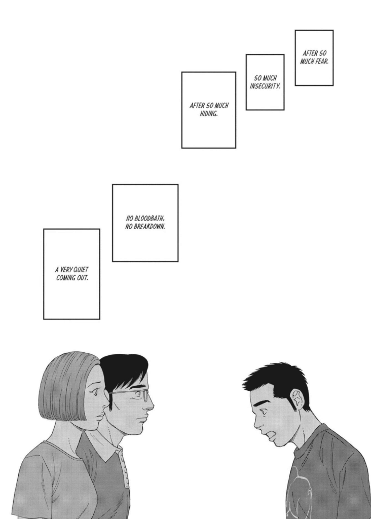 The main character of "Our Colors" coming out to his parents. Captions say "After so much fear. After so much hiding. So much insecurity. No bloodbath, no breakdown. A very quiet coming out."