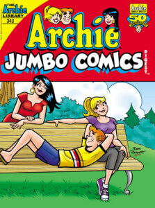 White thin teenager Archie Andrews lies on a park bench in the woods on a mild summer's day. He sports a yellow teeshirt with multicolored stripes at his midsection, He's propped up against Betty cooper, a white thin blonde teenager sporting a ponytail and a purple short-sleeved top with grey pedal pushers. Archie's head is nearly in Betty's lap and she's giving him a look of amused fondness. Standing behind the bench and watching them both is a dark haired thin white teenager Veronica lodge, who wears a red dress and golden hoop earrings. She, too, is watching Archie with fondness.