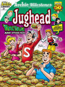 The entire gang is mired in a pile of burgers. Dark haired white thin teenager jughead jones emerges triumphantly from the pile, holding a burger aloft, his red turtleneck sweater with the white insignia on it in place. To his left is blonde thin white Betty Cooper, who also holds a burger and looks happy in her fusicha top. In the foreground is white thin redhaired teenager Archie Andrews, ready to take a bite out of a burger in a blue polo shirt. Running to catch up with them all is red thin white teenager January McAndrews, in a red top, yellow pants, black back and white jacket. Everyone is very excited about those burgers.
