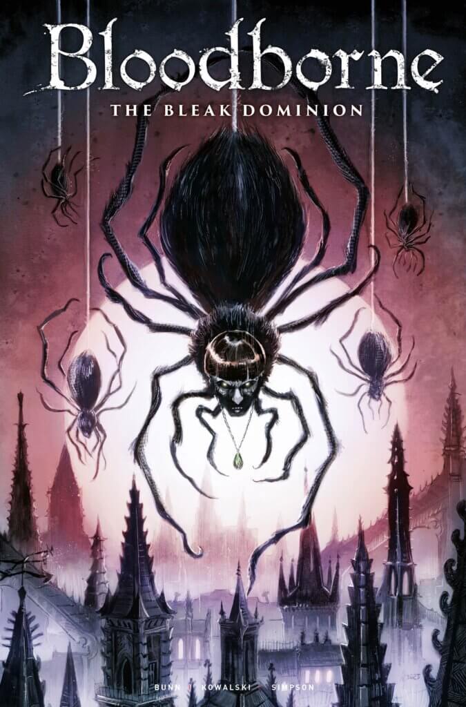 A large spider like creature with a human head wearing a pendant looms over the rooftops of a medieval city in the night, with two smaller spiders on each side of it. 
