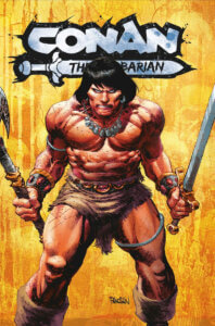 A white man with dark hair, wearing a loincloth and holding an axe in his left hand and a sword in his right hand, stares angrily at the camera. 