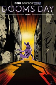 A lone hooded figure stands in a hallway pointing a gun at someone unseen. Along the walls of the hallway are pictures of Missy, aka The Master. 