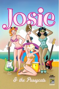 Josie and The Pussycats are posed in swimsuits with their instruments on a sandy beach before the ocean and a blue sky. Josie McCoy wears a purple bikini and her cat ears and leans against her green guitar; Melody kneels on the ground in a tiger print bikini, with a yellow tom tom beside her. Valerie Bown wears a blue one piece, and her red and black bass is beside her. Behind the three pussycats is a brunet in a black to with a brown beehive with a white streak in it - Alexandra Cabot, likely. All of the teens except for Valerie are white and thin - Valerie is dark-skinned and thin.