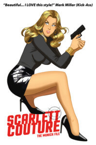 A White woman with long blonde hair, dressed in a black top, short black skirt, and high heels holds a pistol and stares angrily at someone out of the view of the reader. 