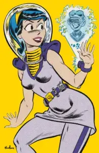 Thin Brunette white teenager Veronica Lodge poses before a yellow backdrop while wearing a futuristic grey and purple costume and transparent space helmet. From her purple wrist communicator springs an image of thin white redheaded teenager Archie Andrews, looking besotted.