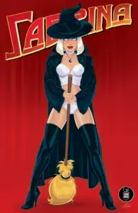 Sabrina Spellman, a white thin blonde teenager with white hair, stands before a red backdrop with a confident look on her face. She wears a white top and white panty set that is reminescent of Emma Frost's from the X-Men. Over that she wears a black, open robe, thigh-high boots and a black witch's hat. She wears a sapphire necklace around her neck and holds her broom between her legs as if set to take off