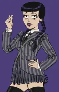 Thin Brunette White Teenager Veronica Lodge is dressed as Wednesday Adams from the Addams family in a grey and black-striped prep school jacket and a grey miniskirt with a white blouse and black tie. She has black stockings as well, and poses saucily with one hand on her hip, snapping her fingers. Her hair is done up in two braided pigtails.