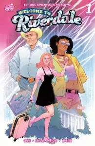 Ginger Snapp, a white, thin, redheaded teenager, drags a pink suitcase on rollers behind her. She loosk at her cellphone in confusion as she walks by Riverdale High. Behind her, shadowed, are various figures - a white man with a grey beard wearing a straw-colored hat and a white buttoned down shirt, his belly rolling slightly over his belt buckle and sporting blue jeans, his hands on his hips. Also behind Ginger is the "Welcome to Riverdale" town marker. To her right is a tan-skinned teenager with black pigtains wearing sunglasses, a black choker, a rainbow-colored tank top, yellow jacket, and a pink-and- black belt with pink jeans. Streaks of pale neon-colors dot the sky.