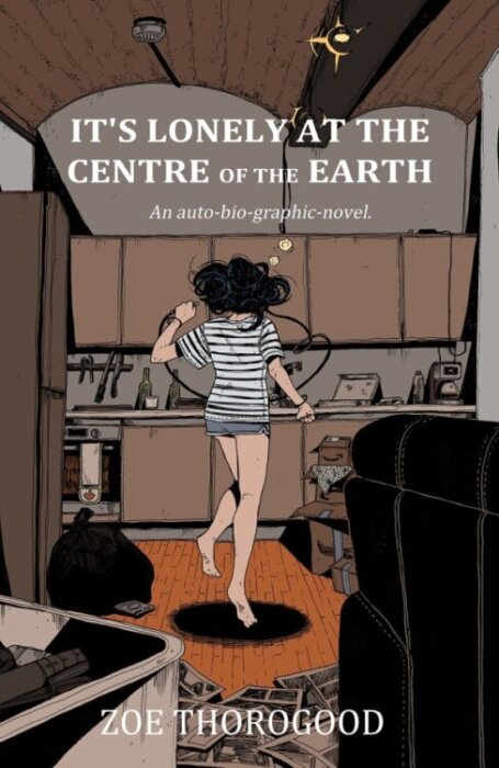 On the cover of Its Lonely at the Centre of the Earth, a person with long black hair dances in their kitchen holding a long black rope or cord.